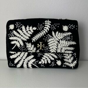 Tory Burch Black White Kira Embroidered Convertible Shoulder Bag Purse